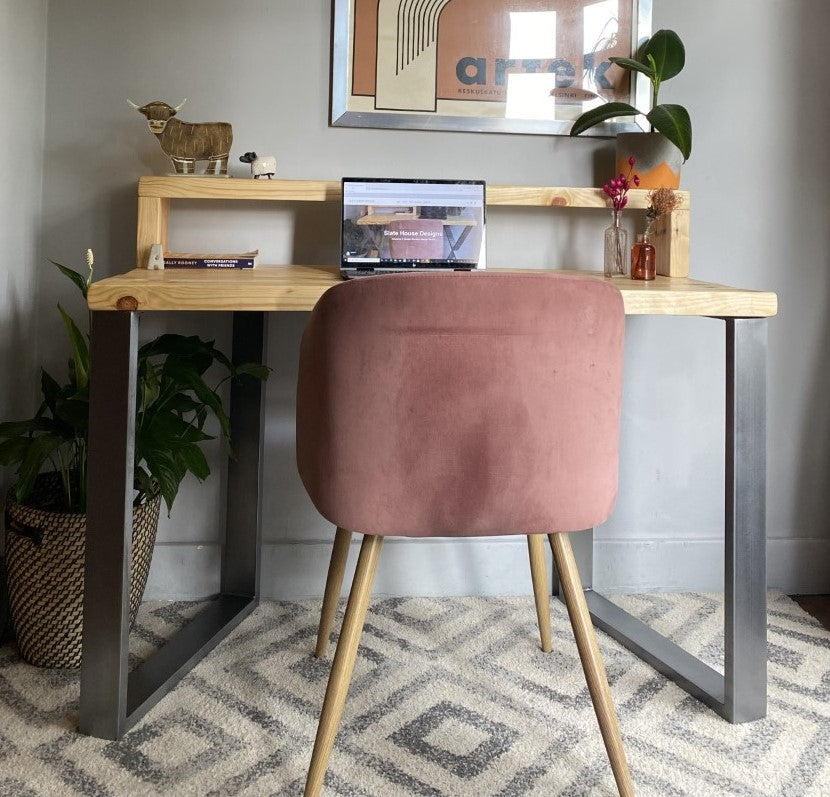 Industrial Redwood Pine Desks with Steel Square Frame Legs - Mid-Century Modern Home Office Furniture Shelf Desk Scandi Style