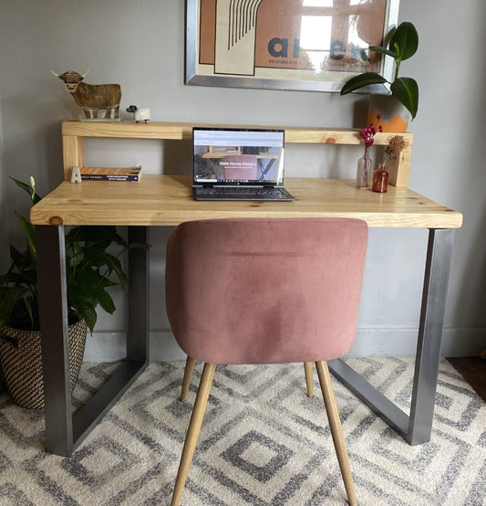 Industrial Redwood Pine Desks with Steel Square Frame Legs - Mid-Century Modern Home Office Furniture Shelf Desk Scandi Style