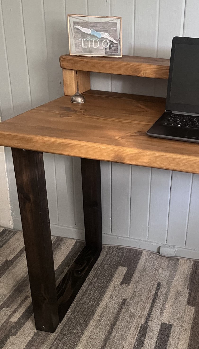 Industrial redwood pine desk with black wood frame legs and shelf for home office, mid-century modern style