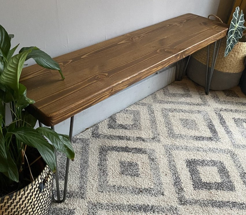 Redwood Pine Bench with Raw Hairpin Legs – Industrial Mid-Century Modern Design