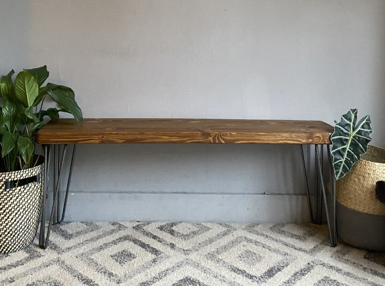 Redwood Pine Bench with Raw Hairpin Legs – Industrial Mid-Century Modern Design