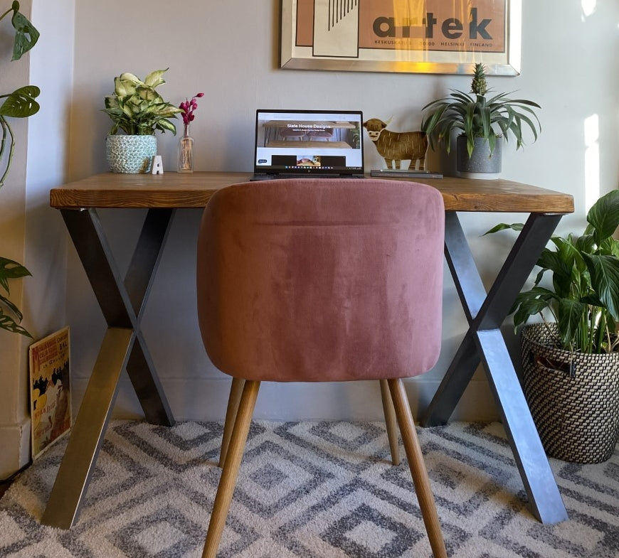 Industrial Redwood Pine Desks with Steel X Frame Legs - Mid-Century Modern Home Office Furniture