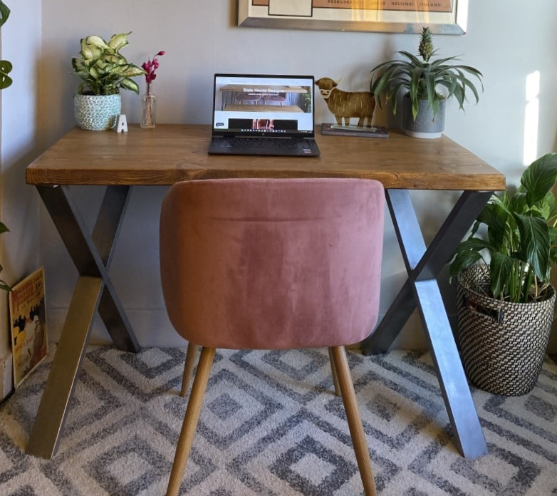 Industrial Redwood Pine Desks with Steel X Frame Legs - Mid-Century Modern Home Office Furniture