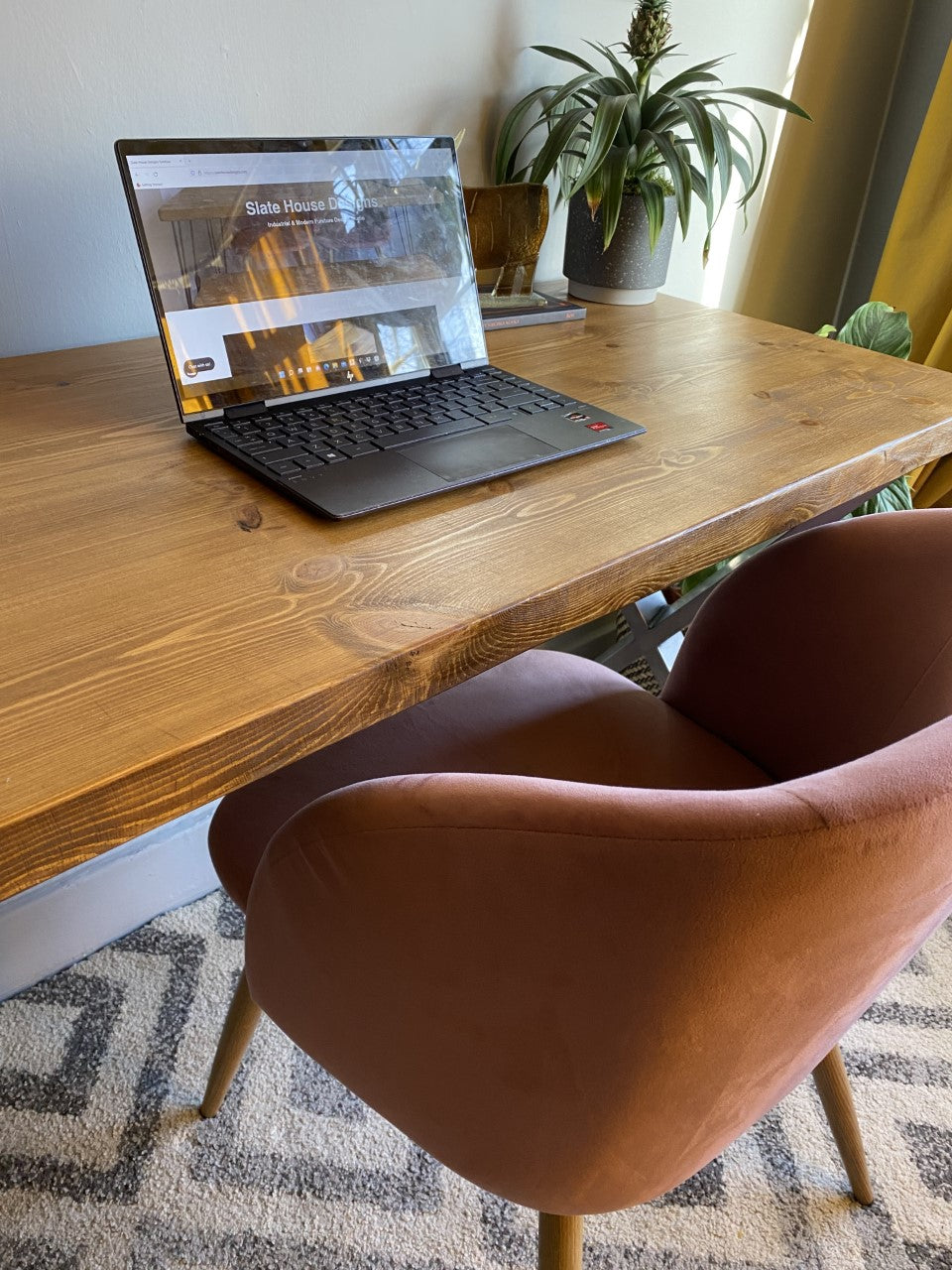 Industrial Redwood Pine Desks with Steel X Frame Legs - Mid-Century Modern Home Office Furniture