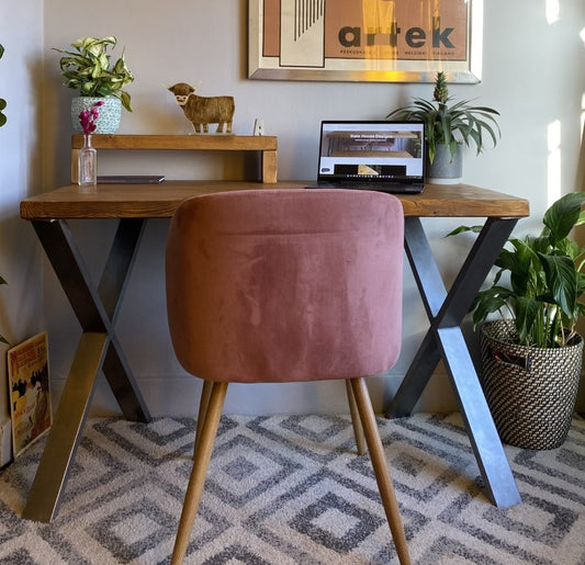 Industrial Redwood Pine Desks with Steel X Frame Legs - Mid-Century Modern Home Office Furniture Shelf Half Desk