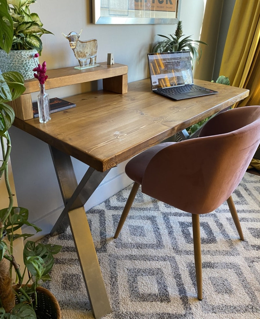 Industrial Redwood Pine Desks with Steel X Frame Legs - Mid-Century Modern Home Office Furniture Shelf Half Desk