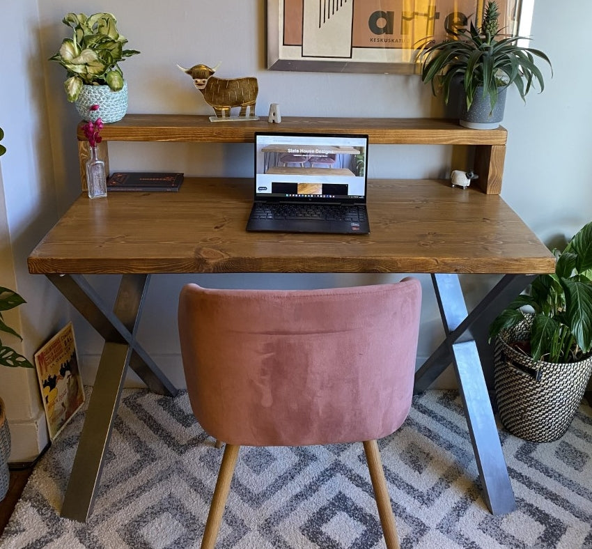 Industrial Redwood Pine Desks with Steel X Frame Legs - Mid-Century Modern Home Office Furniture Shelf Desk