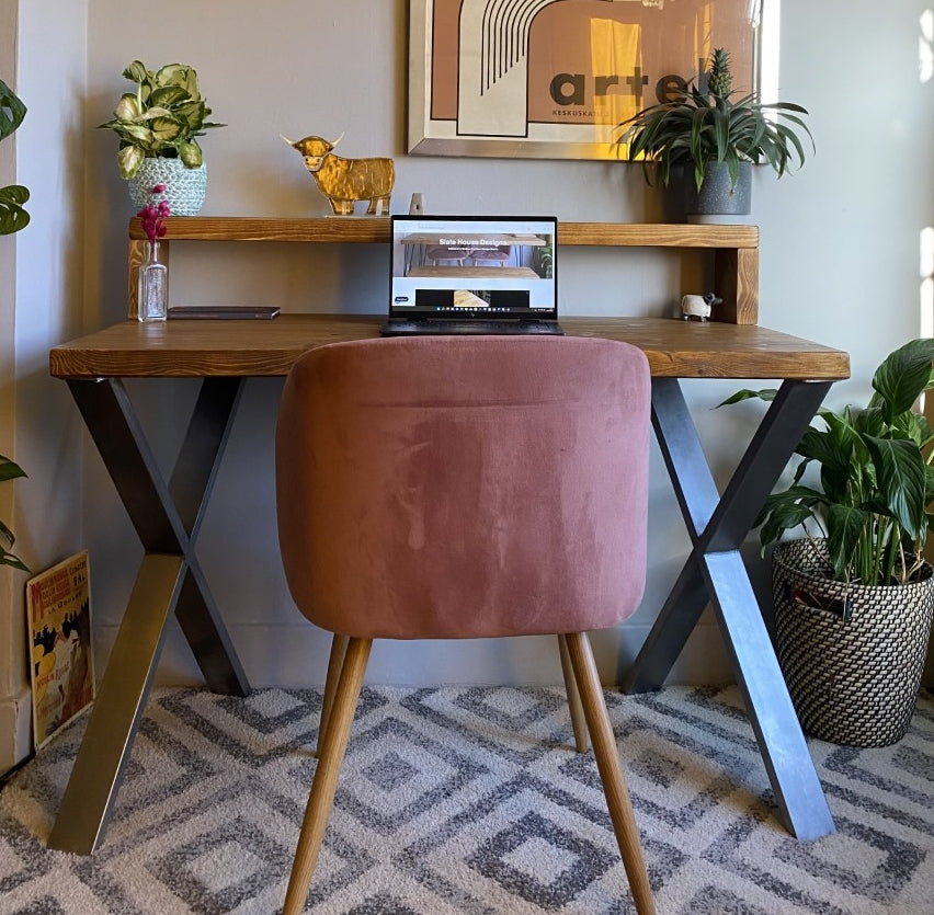 Industrial Redwood Pine Desks with Steel X Frame Legs - Mid-Century Modern Home Office Furniture Shelf Desk