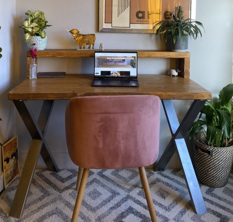 Industrial Redwood Pine Desks with Steel X Frame Legs - Mid-Century Modern Home Office Furniture Shelf Desk