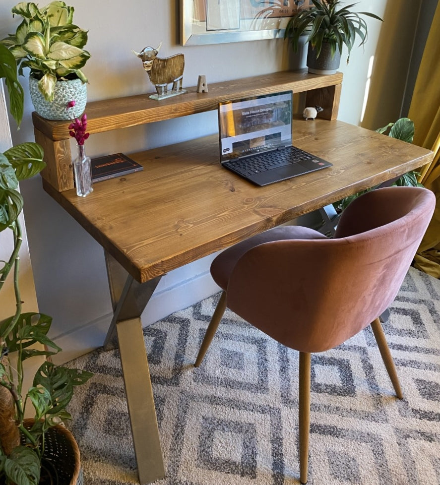 Industrial Redwood Pine Desks with Steel X Frame Legs - Mid-Century Modern Home Office Furniture Shelf Desk