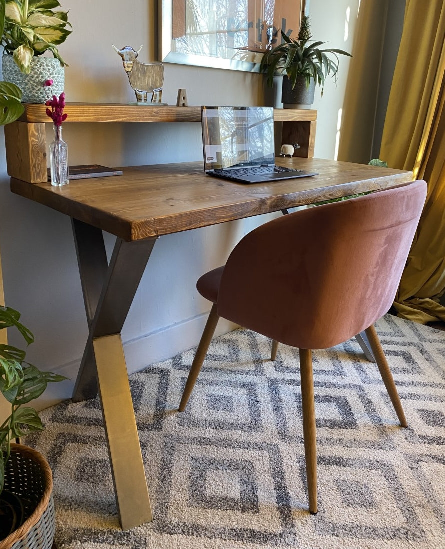 Industrial Redwood Pine Desks with Steel X Frame Legs - Mid-Century Modern Home Office Furniture Shelf Desk