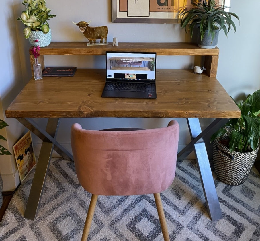 Industrial Redwood Pine Desks with Steel X Frame Legs - Mid-Century Modern Home Office Furniture Shelf Desk