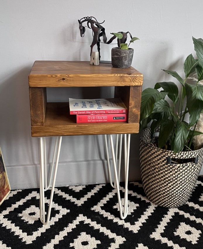 Chic redwood pine bedside table with white steel hairpin legs, perfect for modern bedrooms