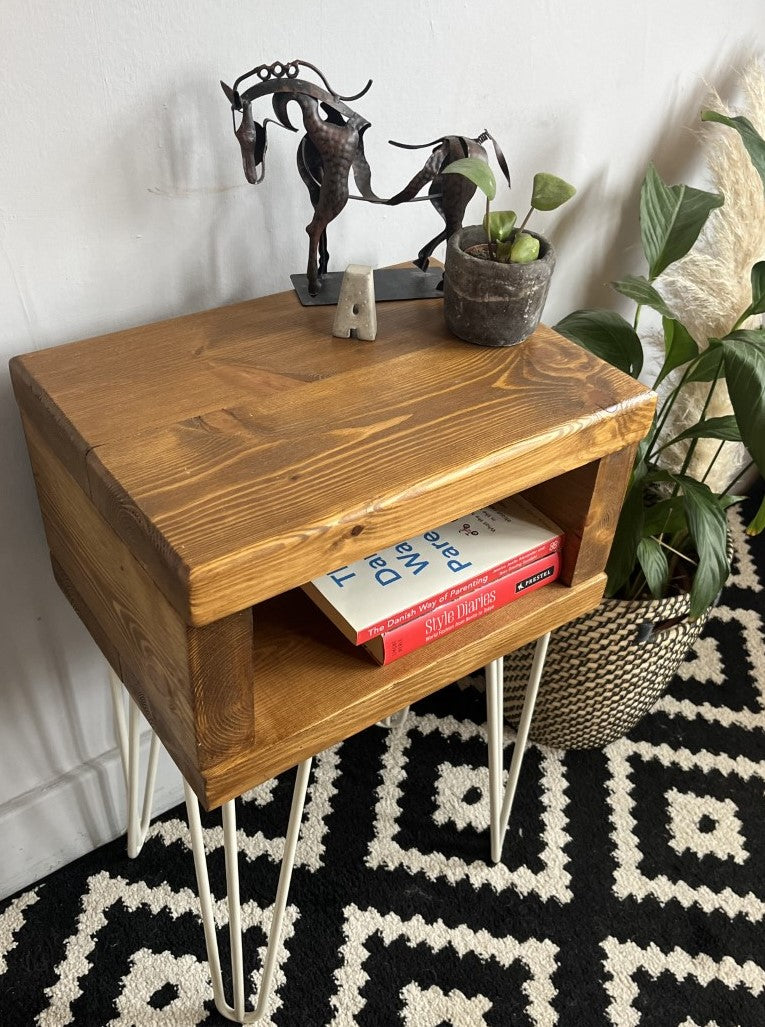 Chic redwood pine bedside table with white steel hairpin legs, perfect for modern bedrooms