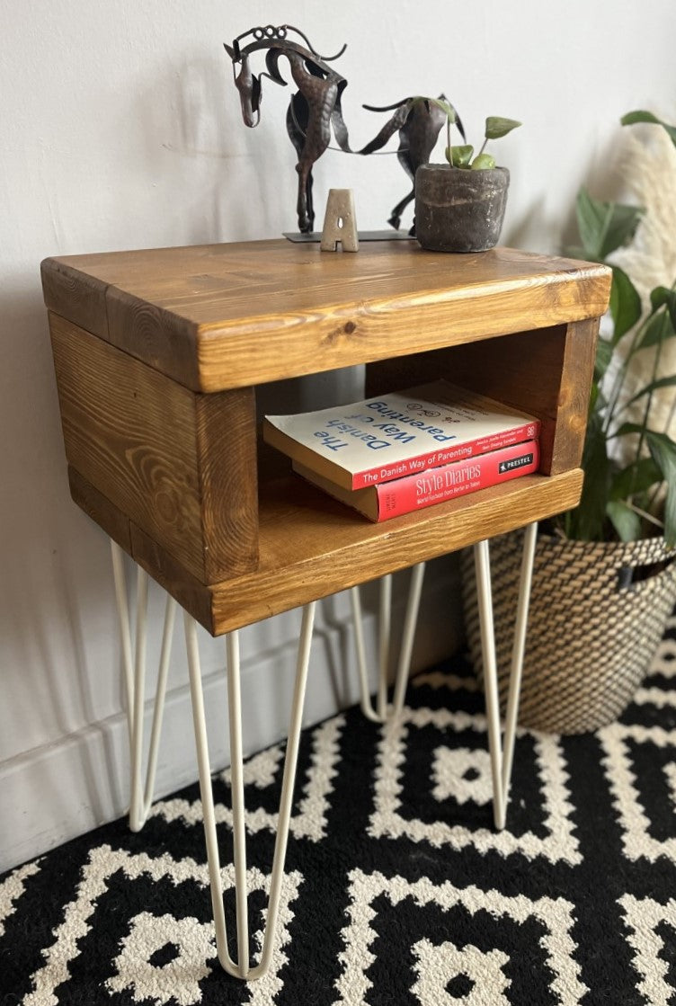 Chic redwood pine bedside table with white steel hairpin legs, perfect for modern bedrooms