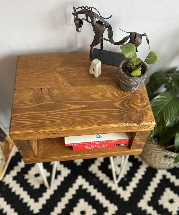 Chic redwood pine bedside table with white steel hairpin legs, perfect for modern bedrooms