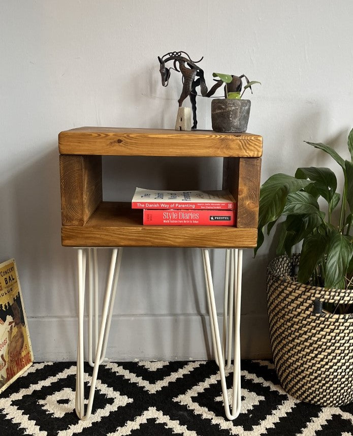 Chic redwood pine bedside table with white steel hairpin legs, perfect for modern bedrooms