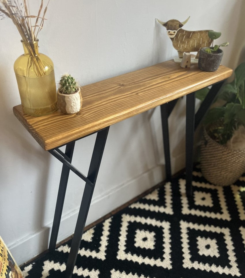 Industrial Reclaimed Scaffold Board Console Table with Black Steel P-Shape Legs – Stylish Rustic Mid-Century Modern Home Furniture