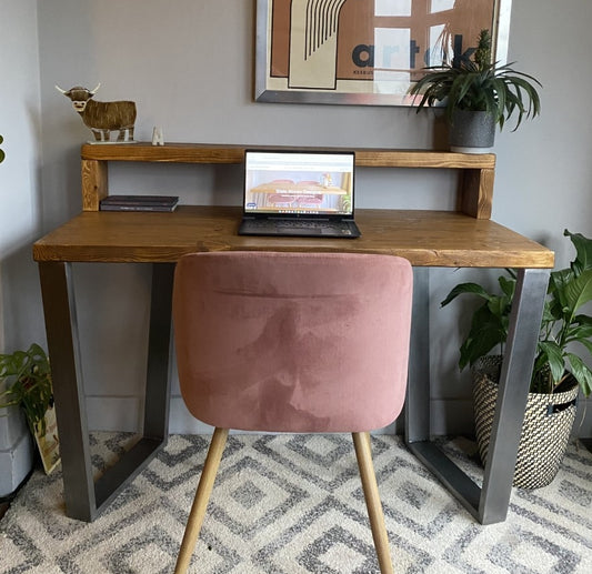 Industrial Redwood Pine Desks with Steel V Frame Legs - Mid-Century Modern Home Office Furniture Shelf Desk Scandi Style