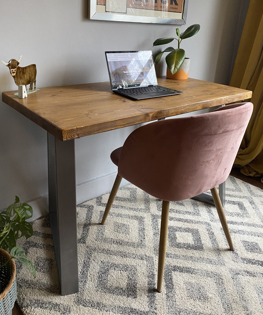 Industrial Redwood Pine Desks with Steel Trapezium Frame Legs - Mid-Century Modern Home Office Furniture Scandi Style