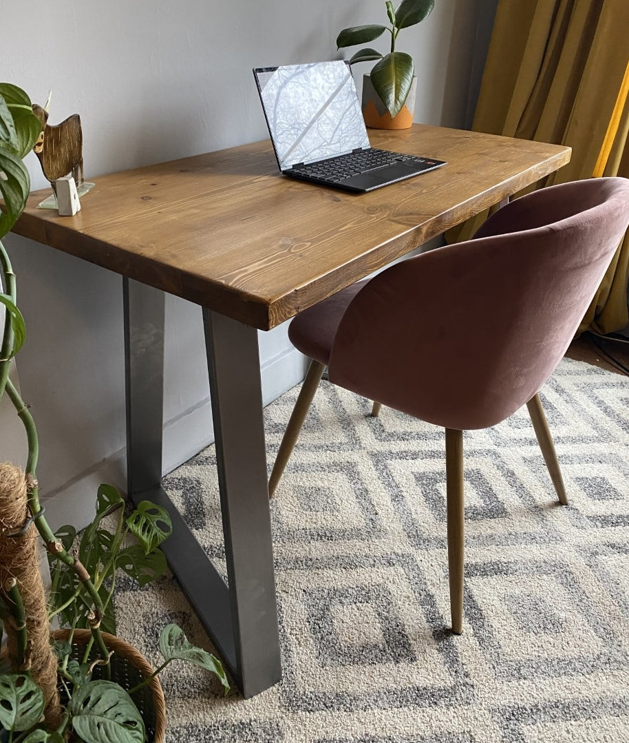 Industrial Redwood Pine Desks with Steel Trapezium Frame Legs - Mid-Century Modern Home Office Furniture Scandi Style