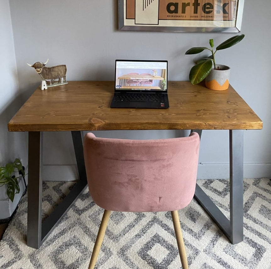 Industrial Redwood Pine Desks with Steel Trapezium Frame Legs - Mid-Century Modern Home Office Furniture Scandi Style