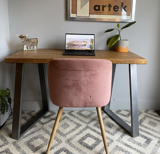 Industrial Redwood Pine Desks with Steel Trapezium Frame Legs - Mid-Century Modern Home Office Furniture Scandi Style