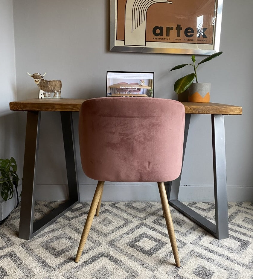 Industrial Redwood Pine Desks with Steel Trapezium Frame Legs - Mid-Century Modern Home Office Furniture Scandi Style