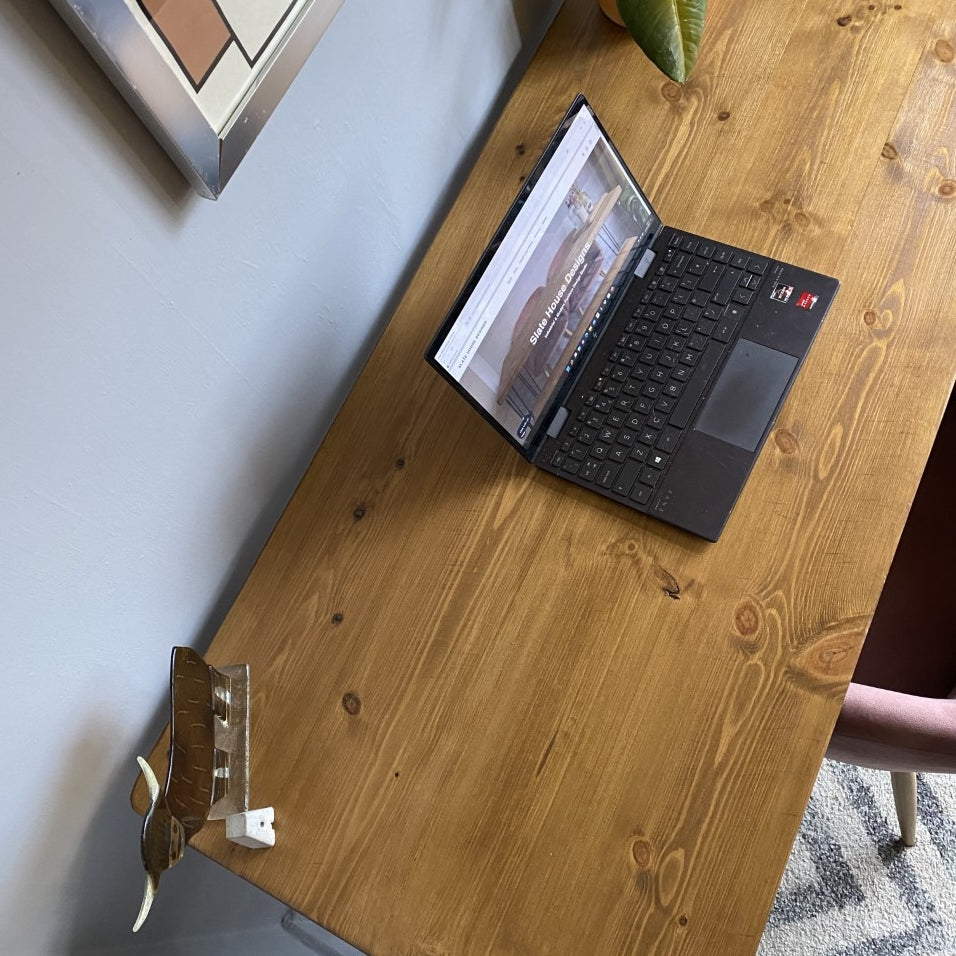 Industrial Redwood Pine Desks with Steel Trapezium Frame Legs - Mid-Century Modern Home Office Furniture Scandi Style