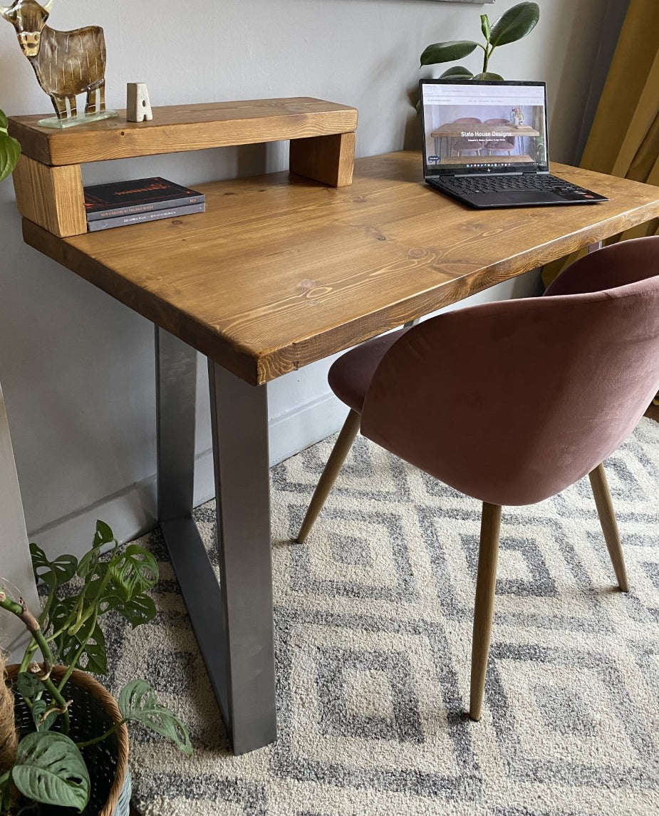 Industrial Redwood Pine Desks with Steel Trapezium Frame Legs - Mid-Century Modern Home Office Furniture Shelf Half Desk Scandi Style