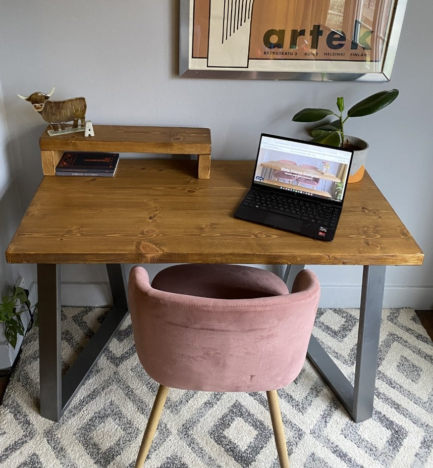 Industrial Redwood Pine Desks with Steel Trapezium Frame Legs - Mid-Century Modern Home Office Furniture Shelf Half Desk Scandi Style