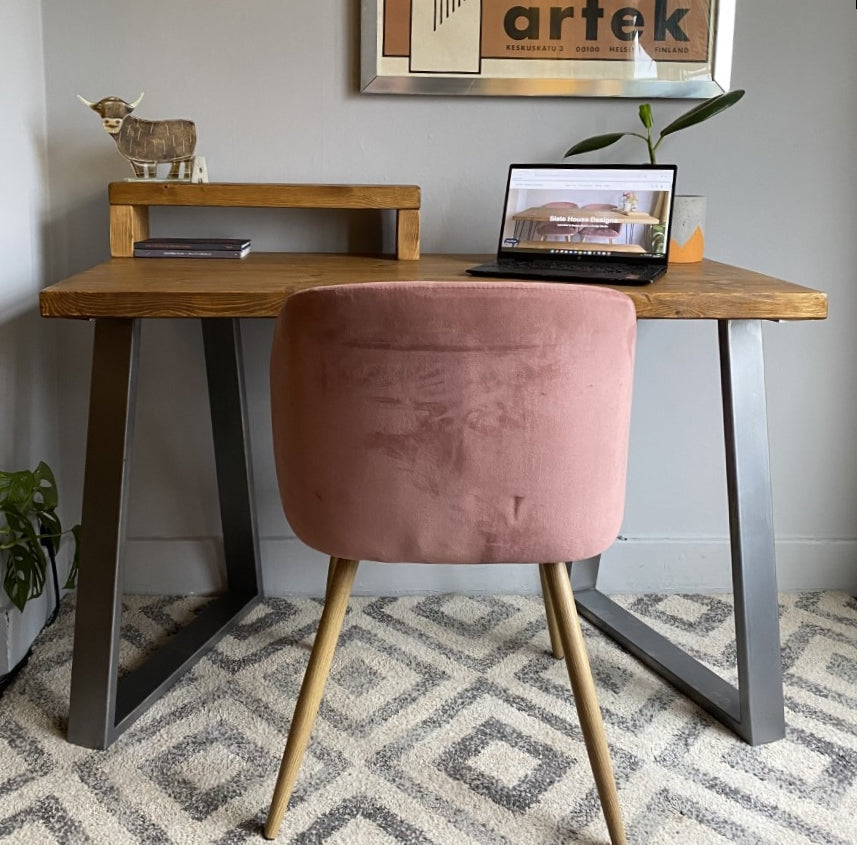 Industrial Redwood Pine Desks with Steel Trapezium Frame Legs - Mid-Century Modern Home Office Furniture Shelf Half Desk Scandi Style