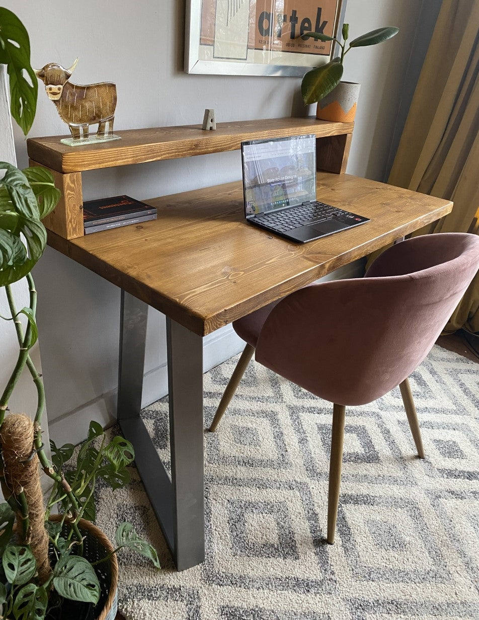 Industrial Redwood Pine Desks with Steel Trapezium Frame Legs - Mid-Century Modern Home Office Furniture Shelf Desk