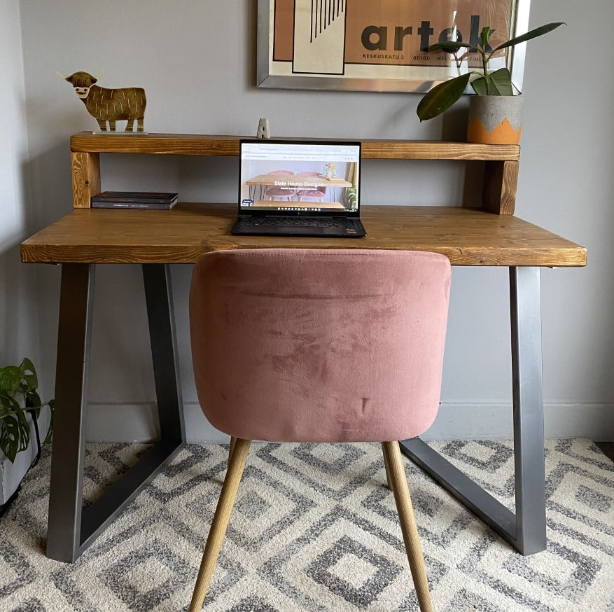 Industrial Redwood Pine Desks with Steel Trapezium Frame Legs - Mid-Century Modern Home Office Furniture Shelf Desk