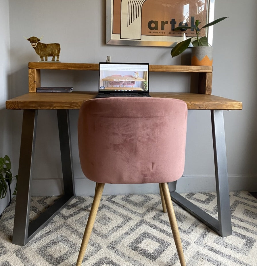 Industrial Redwood Pine Desks with Steel Trapezium Frame Legs - Mid-Century Modern Home Office Furniture Shelf Desk