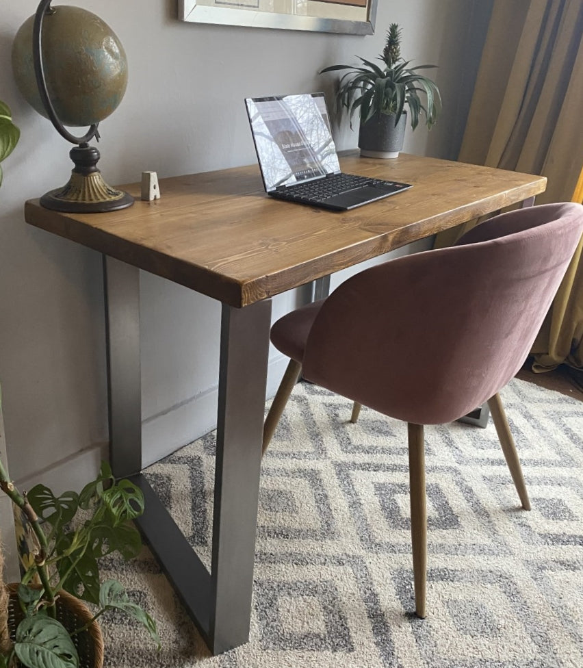 Industrial Redwood Pine Desks with Steel Square Frame Legs - Mid-Century Modern Home Office Furniture Scandi Style