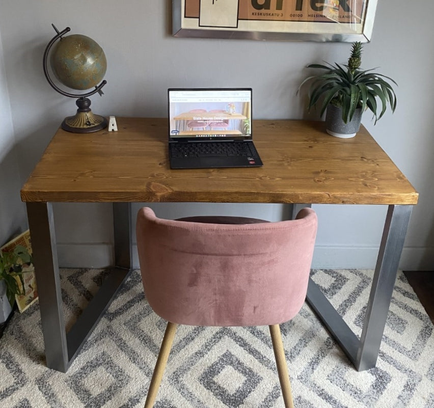 Industrial Redwood Pine Desks with Steel Square Frame Legs - Mid-Century Modern Home Office Furniture Scandi Style