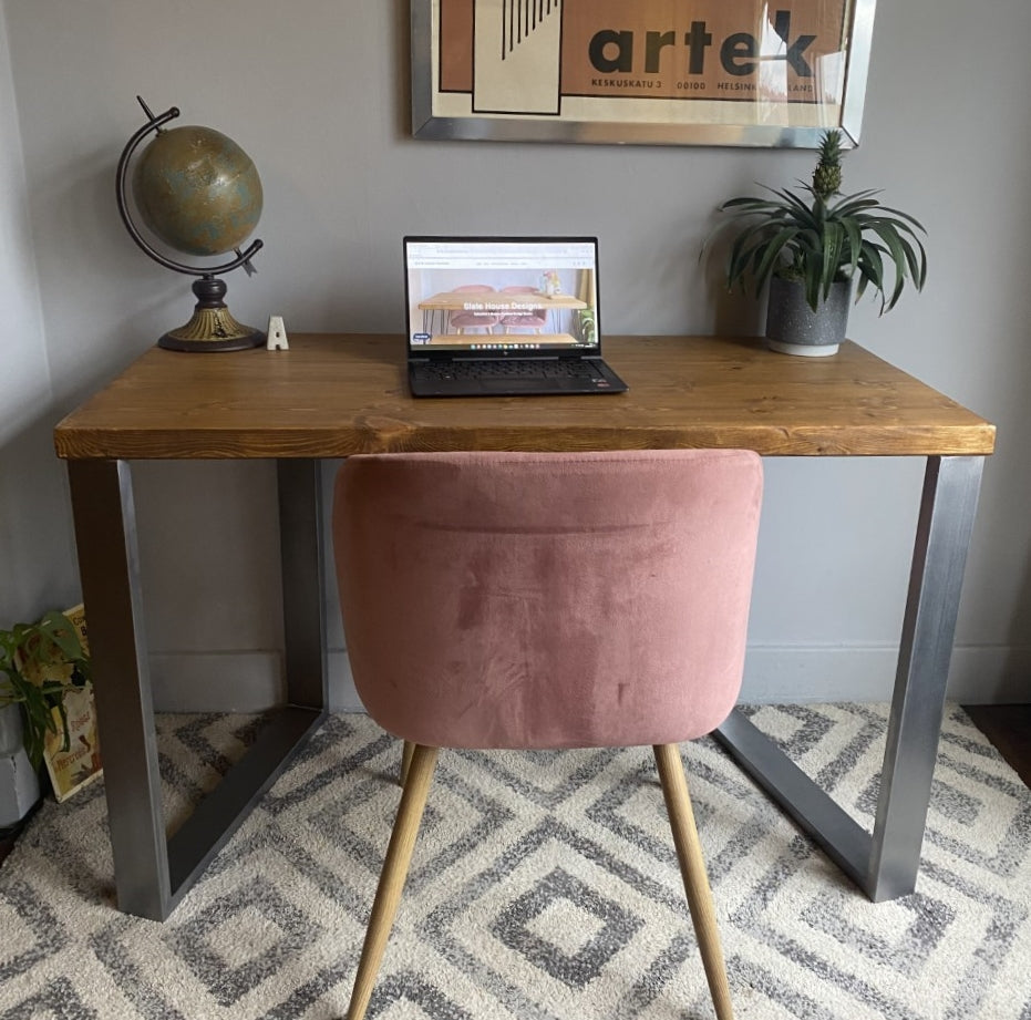 Industrial Redwood Pine Desks with Steel Square Frame Legs - Mid-Century Modern Home Office Furniture Scandi Style