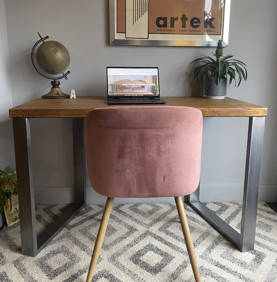 Industrial Redwood Pine Desks with Steel Square Frame Legs - Mid-Century Modern Home Office Furniture Scandi Style