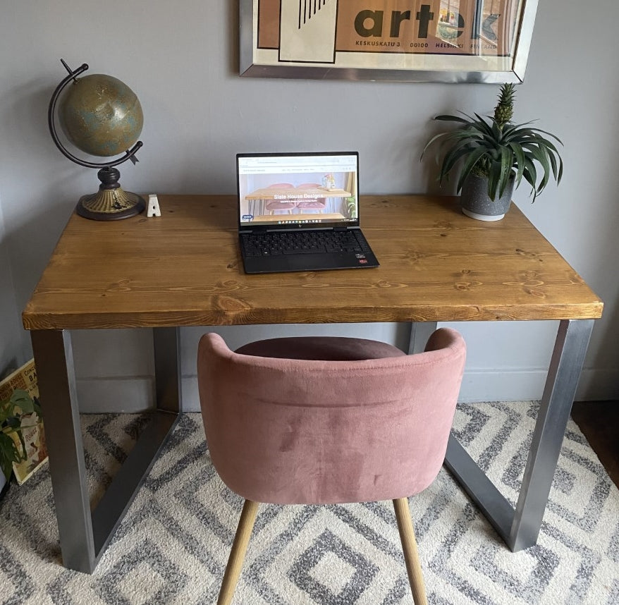 Industrial Redwood Pine Desks with Steel Square Frame Legs - Mid-Century Modern Home Office Furniture Scandi Style