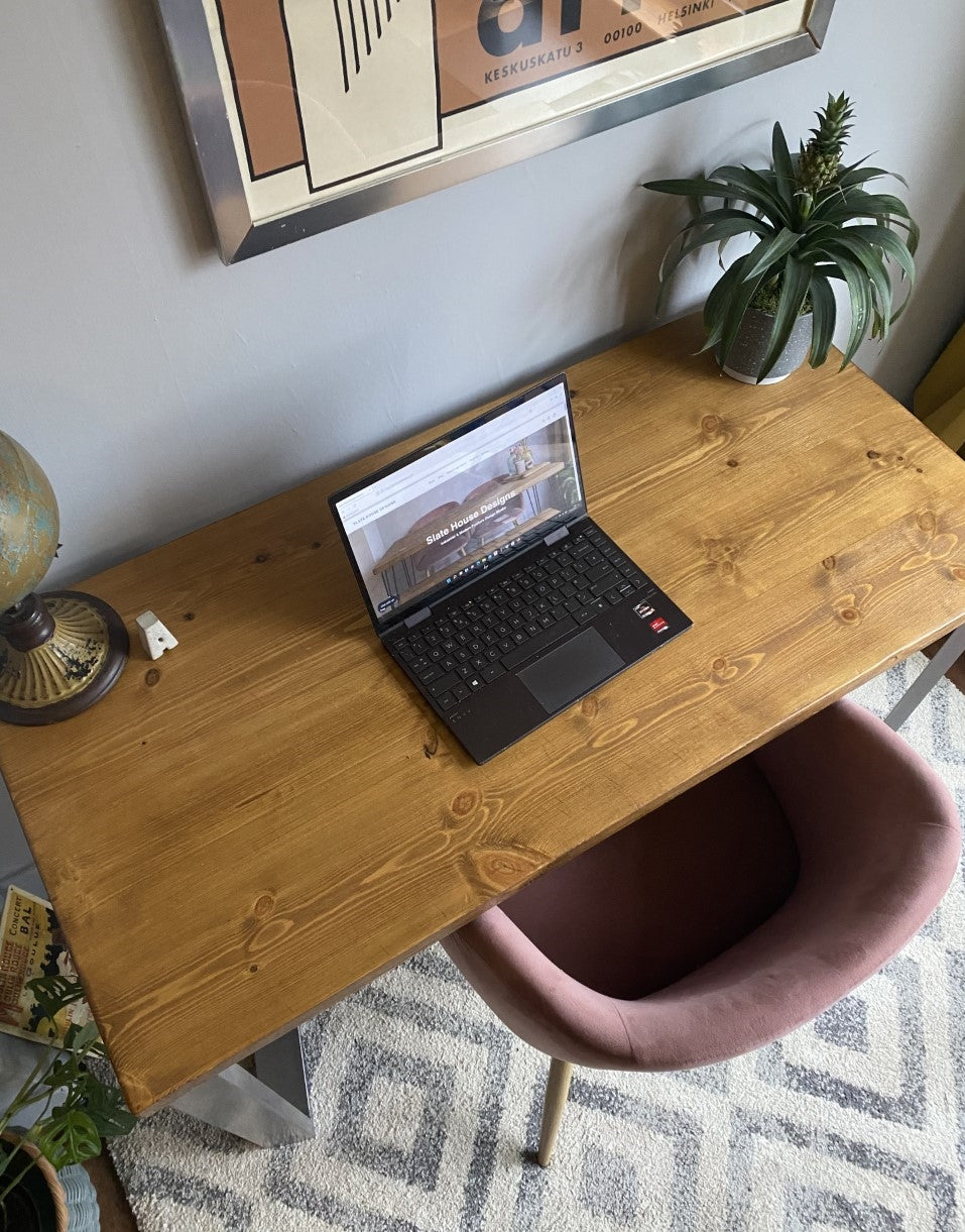 Industrial Redwood Pine Desks with Steel Square Frame Legs - Mid-Century Modern Home Office Furniture Scandi Style