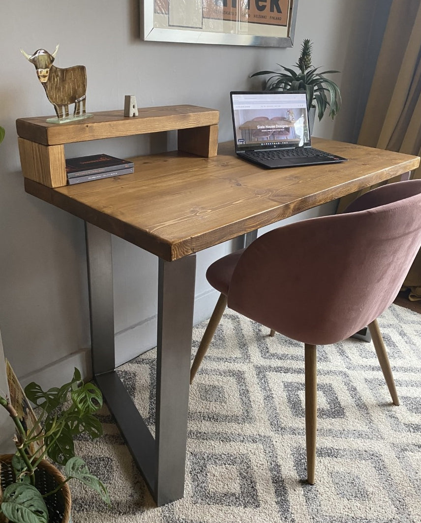 Industrial Redwood Pine Desks with Steel Square Frame Legs - Mid-Century Modern Home Office Furniture Shelf Half Desk Scandi Style