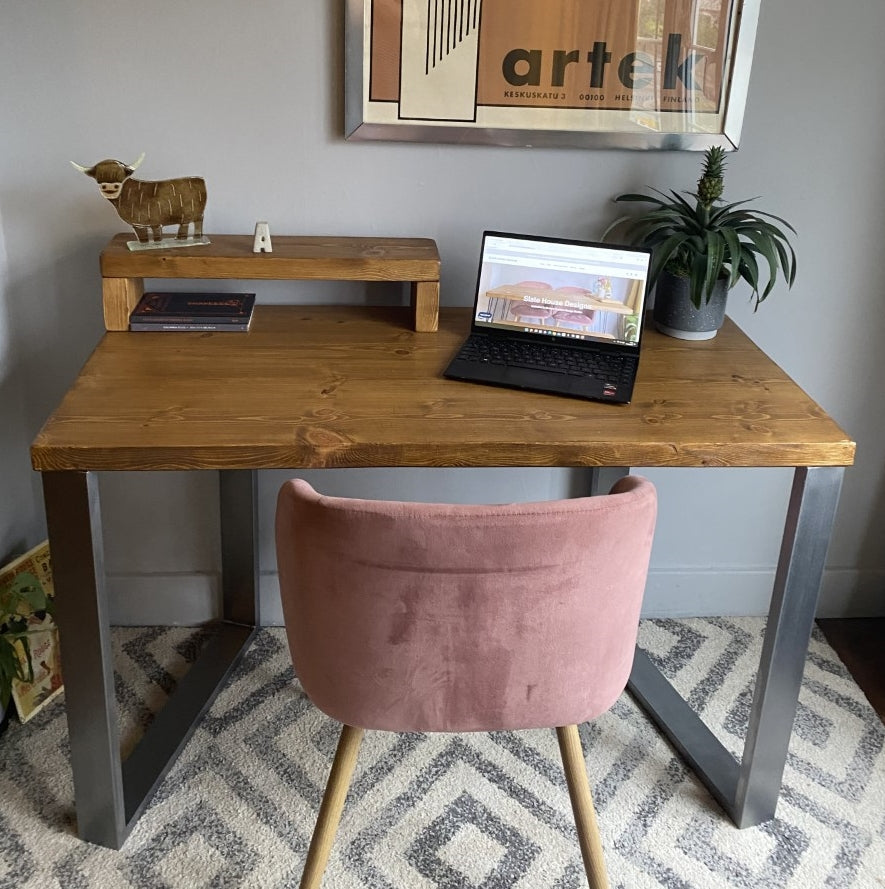 Industrial Redwood Pine Desks with Steel Square Frame Legs - Mid-Century Modern Home Office Furniture Shelf Half Desk Scandi Style