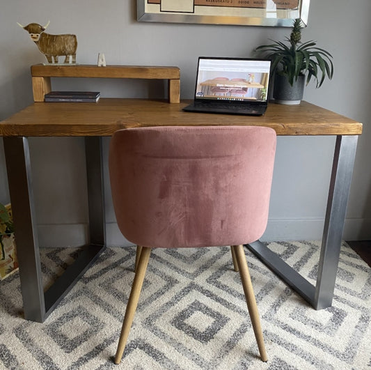 Industrial Redwood Pine Desks with Steel Square Frame Legs - Mid-Century Modern Home Office Furniture Shelf Half Desk Scandi Style