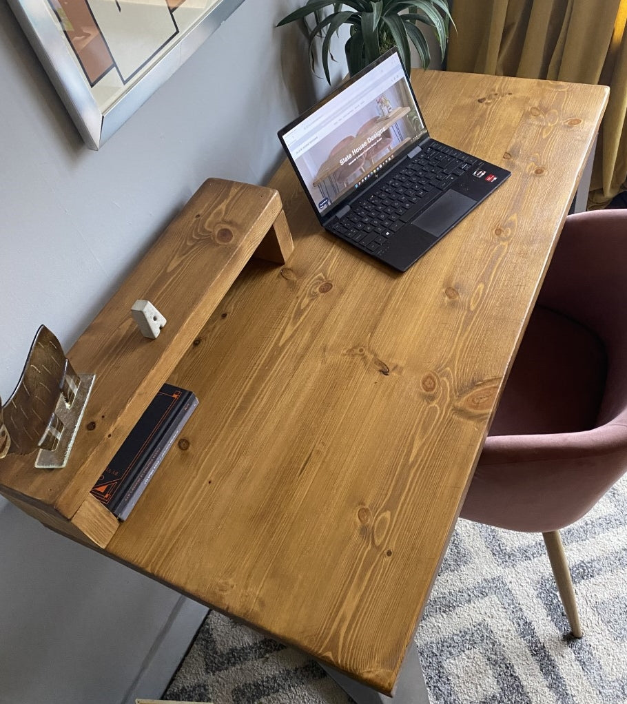 Industrial Redwood Pine Desks with Steel Square Frame Legs - Mid-Century Modern Home Office Furniture Shelf Half Desk Scandi Style