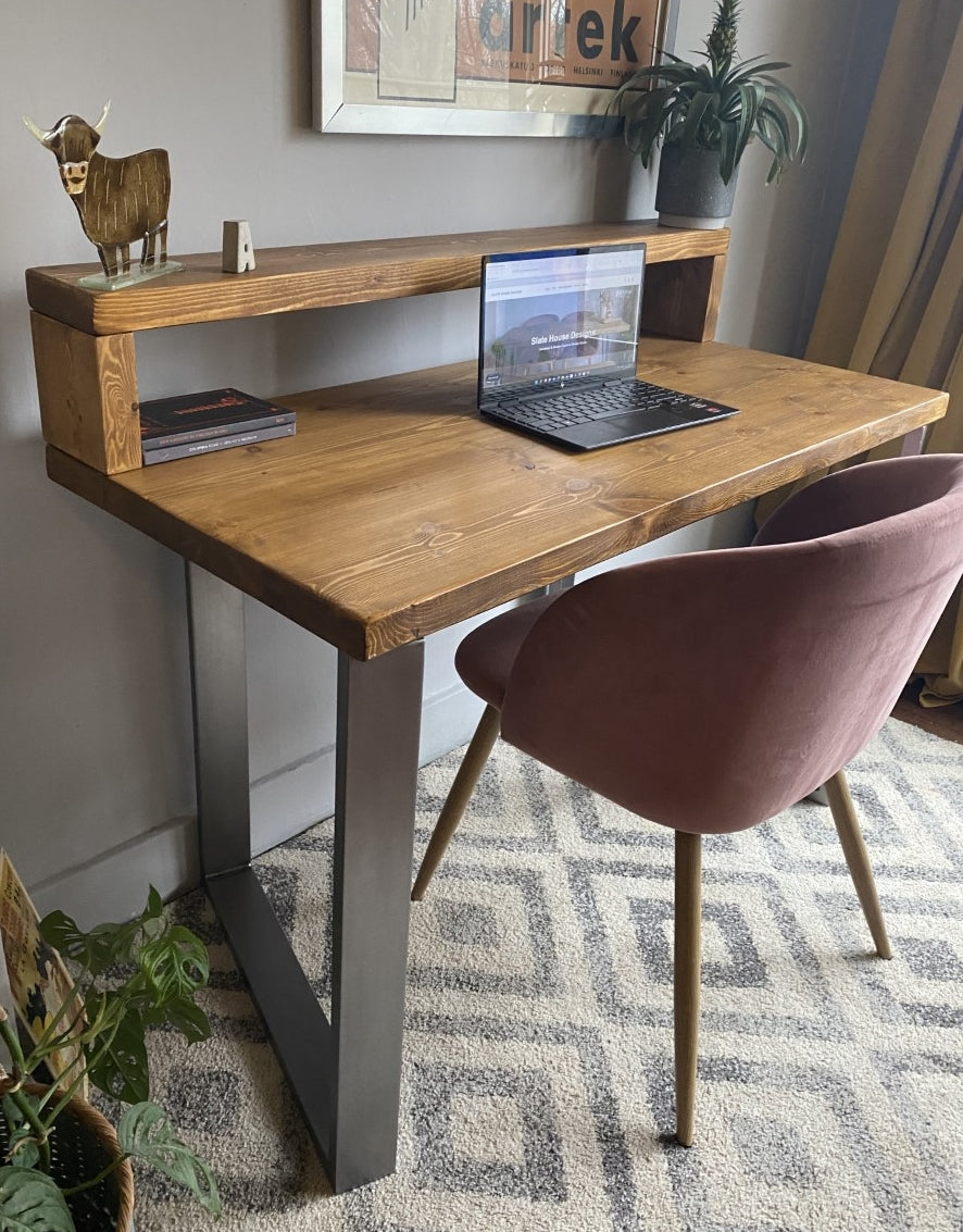 Industrial Redwood Pine Desks with Steel Square Frame Legs - Mid-Century Modern Home Office Furniture Shelf Desk Scandi Style