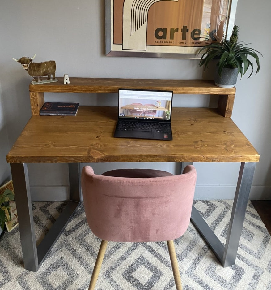 Industrial Redwood Pine Desks with Steel Square Frame Legs - Mid-Century Modern Home Office Furniture Shelf Desk Scandi Style