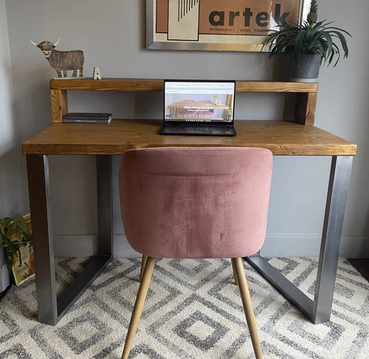 Industrial Redwood Pine Desks with Steel Square Frame Legs - Mid-Century Modern Home Office Furniture Shelf Desk Scandi Style