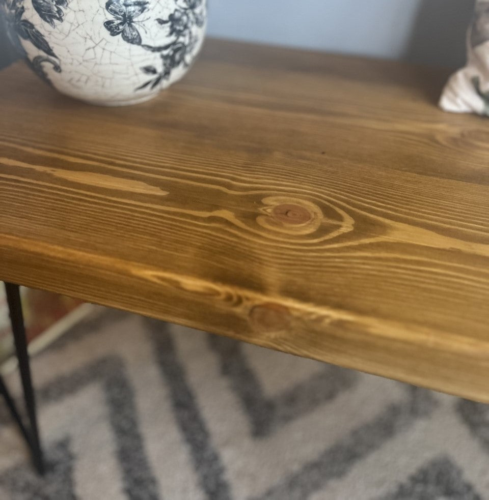 Industrial redwood pine bench with black steel hairpin legs, ideal for mid-century modern and industrial home