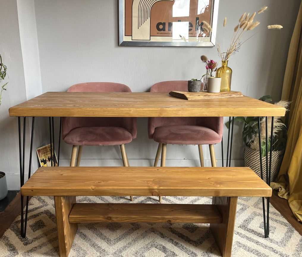 Hairpin leg kitchen table and bench set, featuring an industrial farmhouse design with sleek metal legs and rustic wooden surfaces